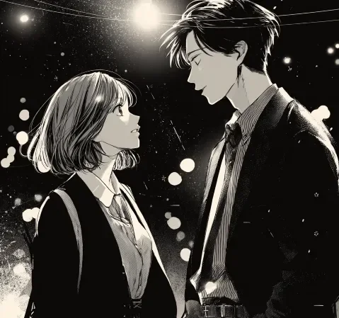 恋爱喜剧漫画封面，男女主角在樱花树下对视